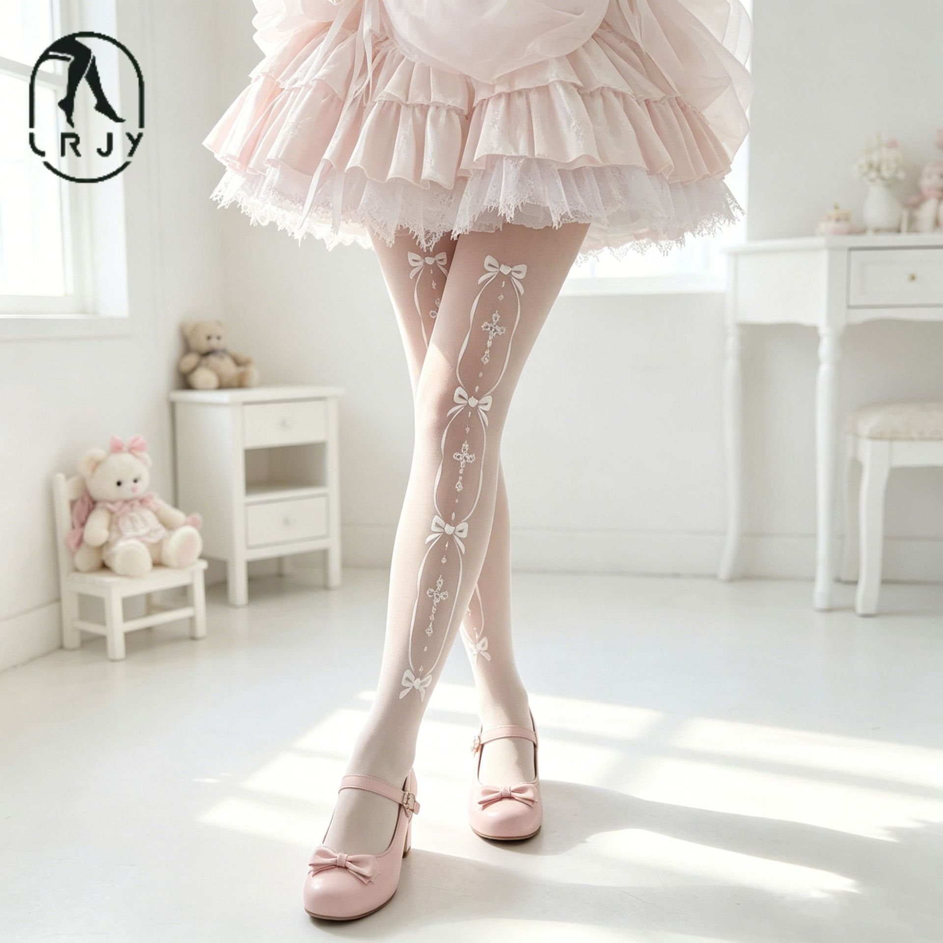 Printed Holy Cross Bowknot Frame Lolita White Stockings for Women, Summer Thin Anti-Snagging Durable Zhuji Socks