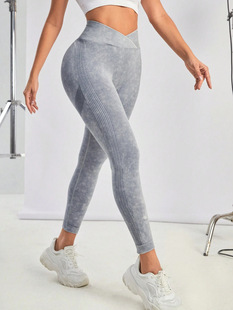Amazon Seamless Washed High Waist High Elastic Cross Waist Cross Band Design Frosted Peach Hip Tights