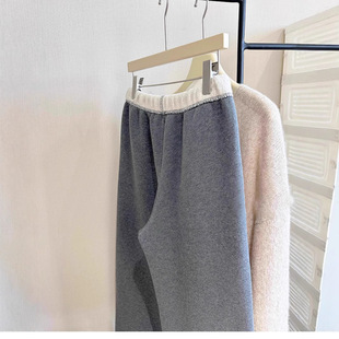 Red Label Home Fashionable Contrast Color Waist fleece-lined Thick Drawstring Casual Wide Leg Pants 12433