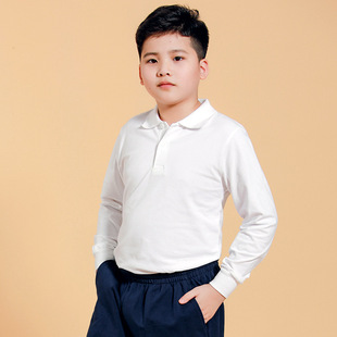 Chubby Children's Long-sleeved White T-shirt Boys' Plus-sized Cotton School Uniform Children's Big Children's Loose Lapel White Polo Shirt