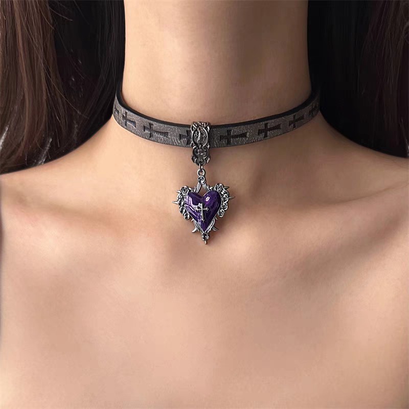 Punk dark style thorn heart cross leather choker necklace for women, niche Shibuya hot girl neck chain