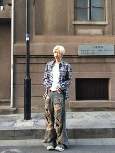 American Style Casual Plaid Shirt Retro Distinctive Contrast Color Destruction Rave Craft Men's Shirt Men's Top Trend