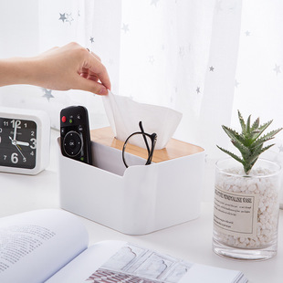 Bamboo cover tissue box household desktop compartment multi-function tissue box remote control stationery tissue box storage box
