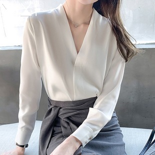Cross-border Chiffon V-neck Shirt Women's 2025 New Sexy Professional Top Suit with Base White Shirt