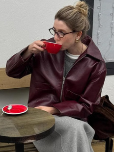 Angola red PU leather coat 2024 Europe and the United States autumn and winter new personalized loose coat fashion cross-border commuting Joker