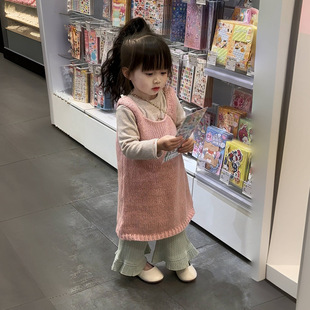 Girls' knitted dress suit new Korean style sweet pink casual all-match suspender dress for little girls L55082