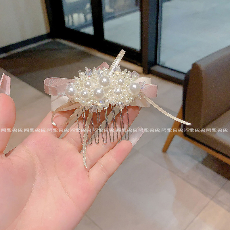 French-Style High-End Pearl Bow Hair Comb for Women, Lace Flower Hair Accessory, Dreamy and Sweet Hairpin Comb Hair Ornament