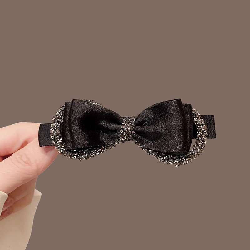 Light Luxury Textured Black Bow Flash Diamond One-character Clip Spring Clip Hairclip Half-style Hair Disc Hair Hairpin Hair Accessories Headwear