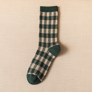 Socks Women's Stacked Socks Rhombic Autumn and Winter New Japanese Style Houndstooth Retro Green Plaid Socks Small Flower Mid-tube Socks