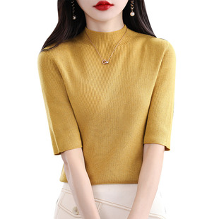 Short-sleeved sweater women's pullover half-turtleneck top thin sweater mid-sleeved slim-fit base shirt 2023 spring and summer women's clothing