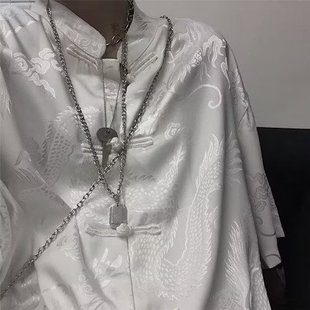 New Chinese Style Pankou Tang Suit Short-sleeved Shirt Men's Retro Dark Dragon Pattern National Fashion Couple's Casual All-match Shirt Jacket