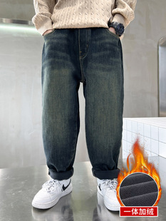 Boys' fleece-lined jeans 2023 autumn and winter new children's medium and big children's one-piece loose thickened Boys' winter warm