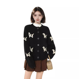 Black Puppy Sweater Knitted Cardigan Women's Spring Autumn Autumn Winter College Style Loose Lazy Style Coat Early Autumn Jacket