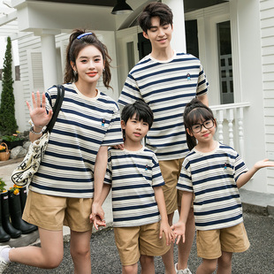 Popular 2024 new summer parent-child suit a four-mouth striped short-sleeved mother-and-women's clothing couple family family suit