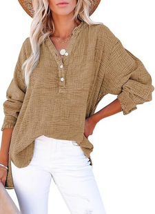 2025 European and American Fashion Spring and Autumn Pleated Button Long Sleeve Solid Color Top Blouse Women's Loose Cotton Pullover