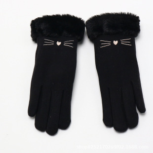 Touch screen gloves autumn and winter fleece-lined thickened women's suede warm windproof cold-proof student driving riding cute skiing