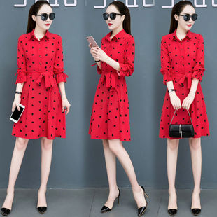 Spring and Autumn 2020 New Printed Long Sleeve Mid-length dress Women's plus size Western Style Elegant Slimming Skirt