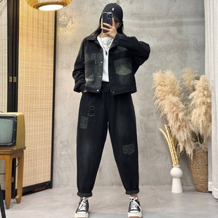 2025 Spring and Autumn New plus size Ladies suit Casual Denim Leopard Print Torre Pants Fashion Denim suit