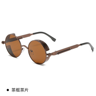 Cross-border New Steampunk Metal Sunglasses Retro Metal Frame Sunglasses Round Thick Frame Spring Temple Sun