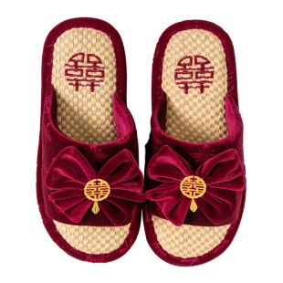 Big red wedding slippers spring and autumn corduroy wedding slippers festive indoor home a pair of wedding linen slippers