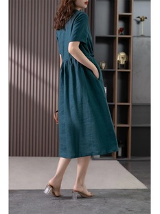 Summer 2023 New Cotton Linen Korean Style Polo Collar dress Women's Artistic Retro Loose Slimming Short-sleeved Solid Color Long Dress