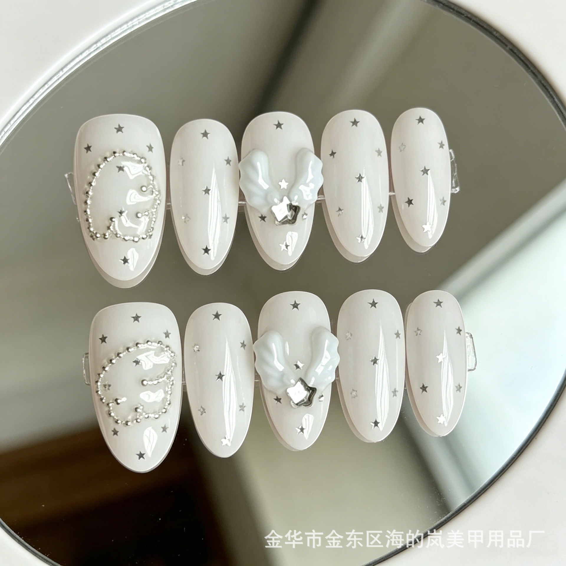 Xiaohongshu Sweet Cool Spicy Girl Blue and Black Color-Blocking Winged Nail Art Handmade Brightening Nail Tips with Hearts, Stars, and Musical Notes