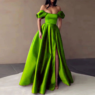 European and American Amazon AliExpress wish New Off-shoulder Satin Dinner Dress Simple Elegant Slim A- word