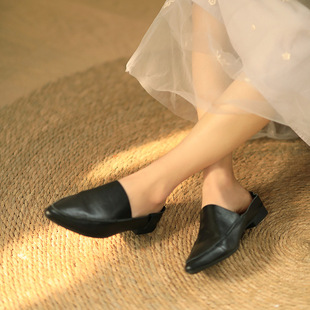 Shaped Leather Wrap Toe Cowhide Pointed Retro Light Luxury Soft Bottom Low Heel Women's Slippers Spring and Summer New Genuine Leather Slippers