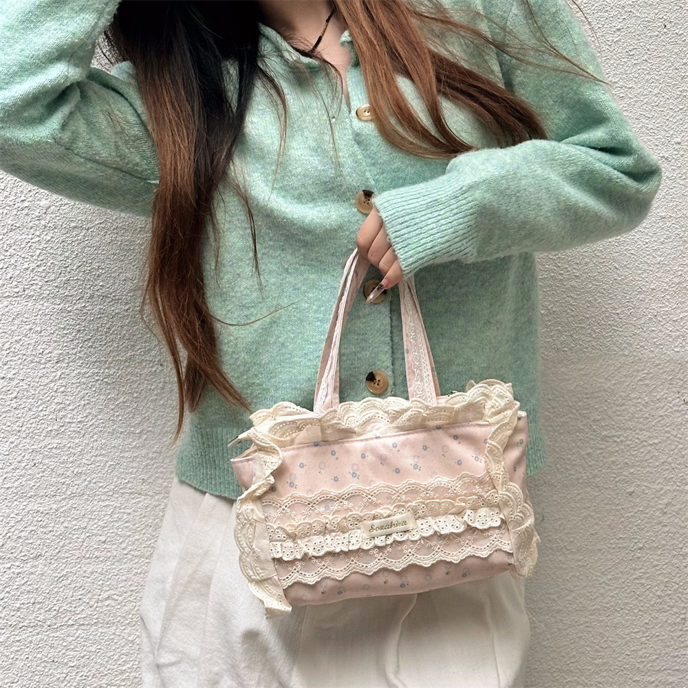 58316 2025 New Lace Floral Canvas Bag for Women, Fashionable Casual Commuter Tote Bag with Lace Trim Handbag