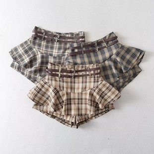 European and American style summer new high waist double belt ultra-short plaid skirt anti-light safety pants skirt ultra-short