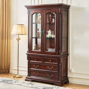 American Style High Wine Cabinet Full Solid Wood Gold Silk Teamwood Living Room High and Low Cabinet Restaurant Wine Cabinet Display Cabinet Diroborg Furniture
