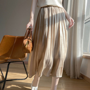 25 Summer New Flowing Gold Yarn Skirt Slimming Pleated Skirt Women's Draped High Waist Mid-length Umbrella Skirt A- line Skirt