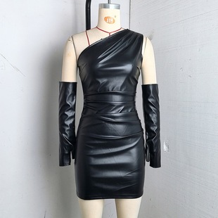 Europe and the United States cross-border PU skirt street hipster women's oblique collar sleeveless sleeve waist hip dress wholesale