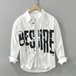7209 Japanese letter printing long sleeve shirt men's fashion trend casual Joker loose top a generation of hair