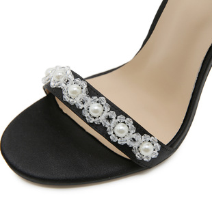 European and American big bow Pearl decorative satin stiletto heel women's open toe sandals