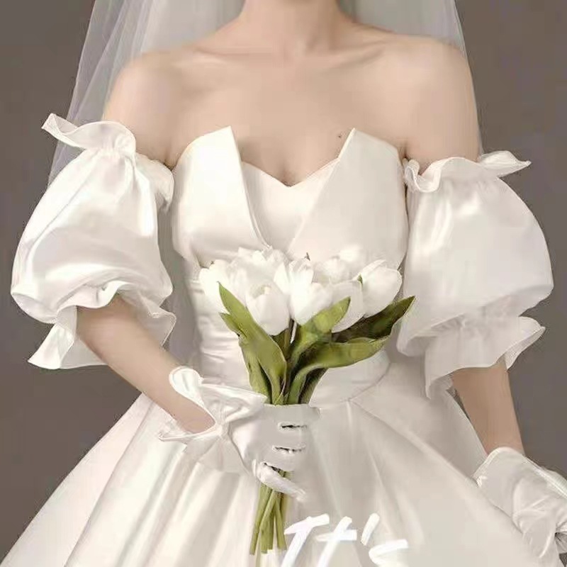 New Wedding Bride Gloves Wedding Dress Photo Photography Satin Velvet Puff Sleeve White Long Sleeve