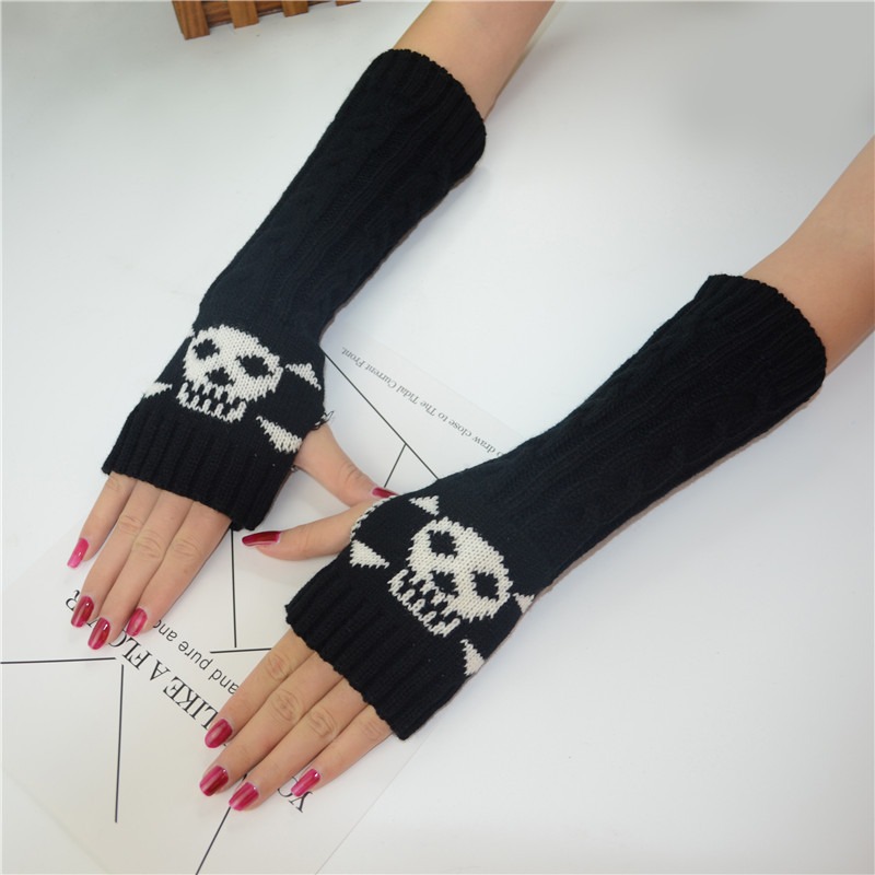 New Knitted Wool Gloves Gothic Style Wool Knitted Skull Sleeves Winter Warm Finger Gloves