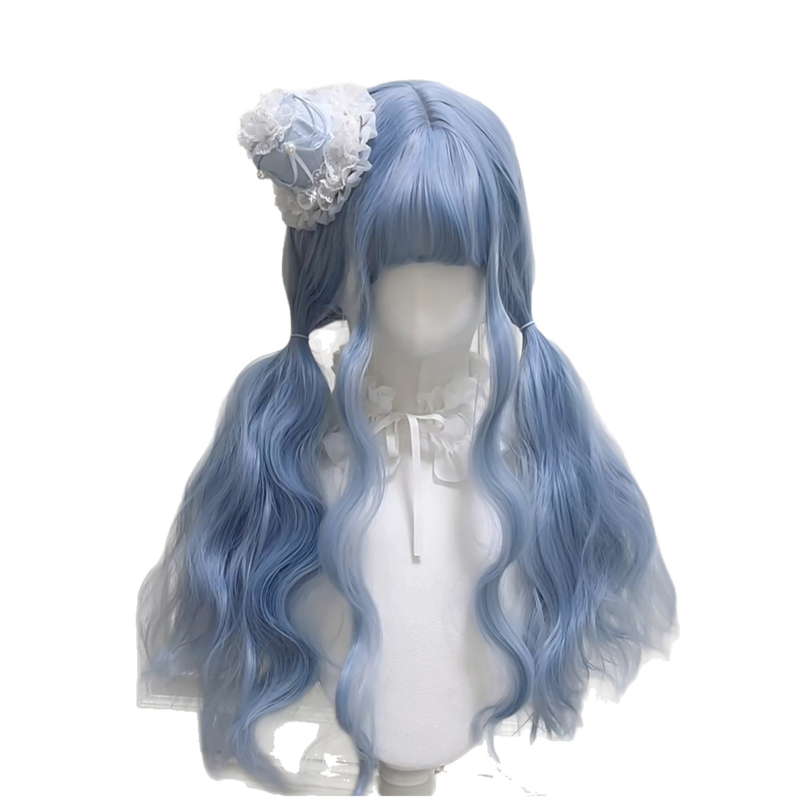 [Glacier Blue] Wig for Women with Long Curly Hair and Water Wave Bangs, Lolita Style, Sweet and Dreamy for Summer, Full Head Cover Style
