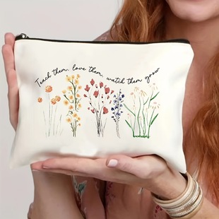 Cross-border New Spring and Summer Flower Canvas Cosmetic Bag Change Stationery Toiletry Portable Zipper Storage Bag