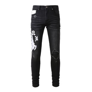 Street fashion fashion brand men's jeans black slim feet printed washed men's hip-hop jeans wholesale