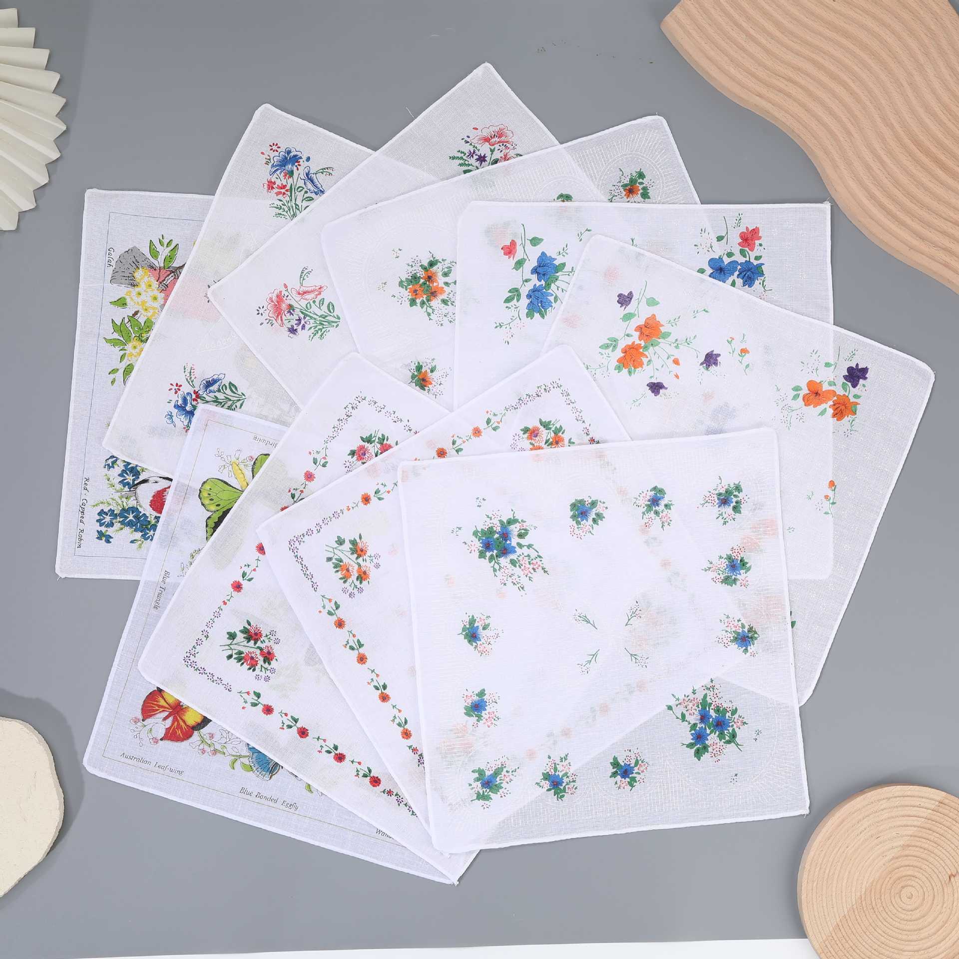 28cm Women's Pure Cotton Thin Handkerchief with White Background, Straight Edges, Floral and Butterfly Design, Kindergarten Handkerchief, Small Square Towel