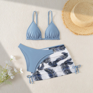 2024 New European and American Summer Three-piece Children's Swimsuit AliExpress Printed Mesh Big Girl's Bikini