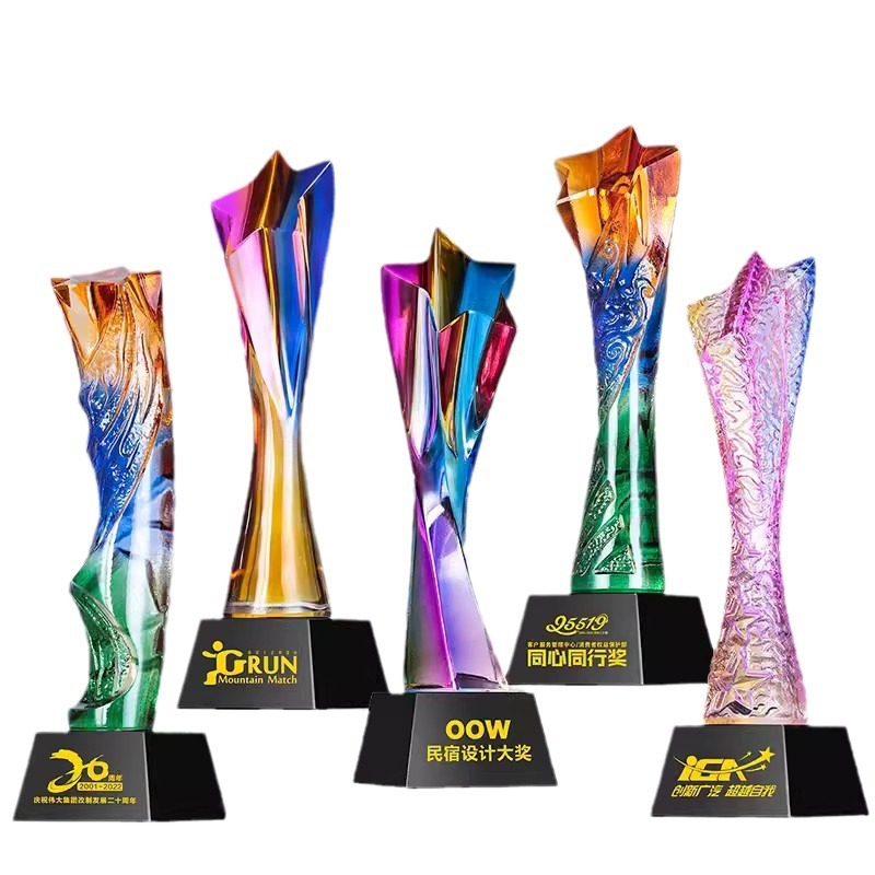 New Crystal Trophy Dance Lettering Metal Medal Color Printing Five-pointed Star Resin Thumb Mechanism Wooden Medal