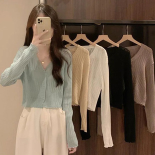 Women's Thin Outer Cardigan Summer 2023 New Long-sleeved V-neck Top Sunscreen Short Knitted Early Autumn Jacket Ins
