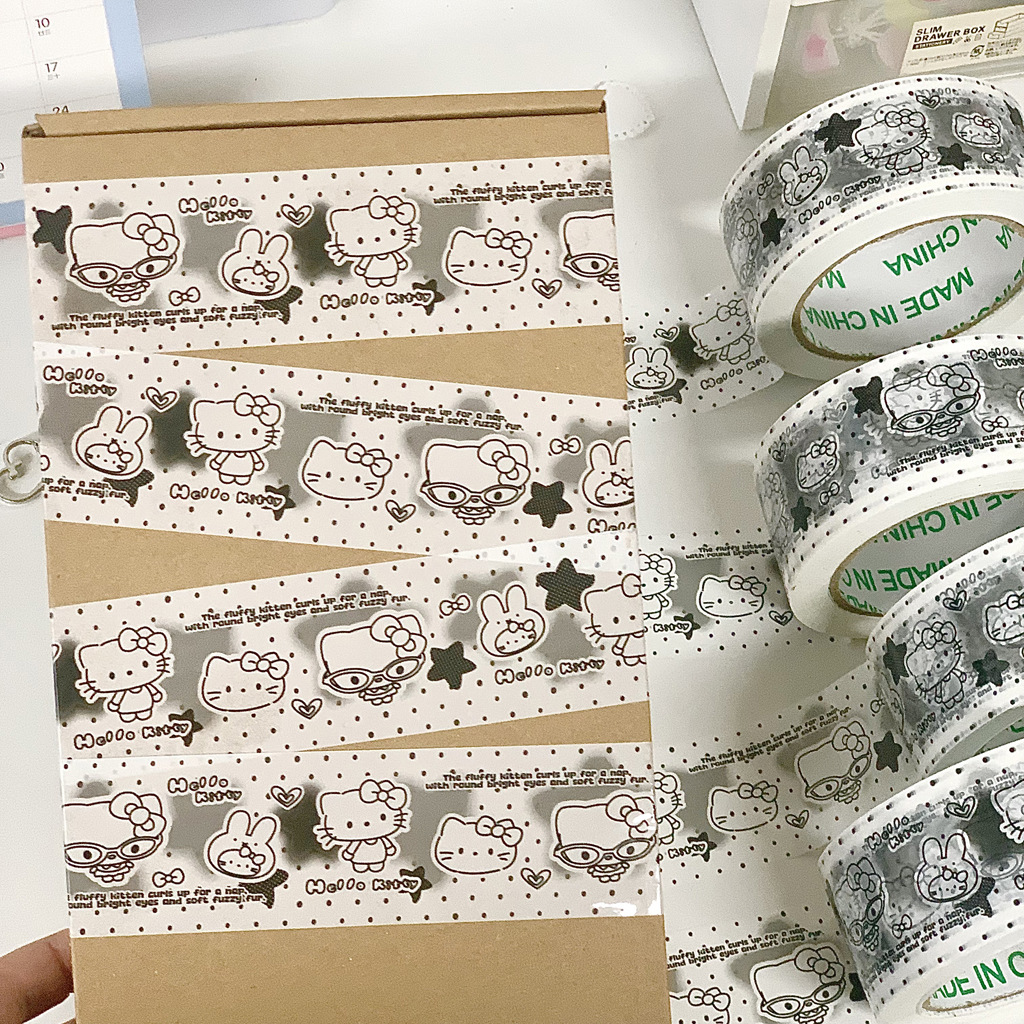 Original cute KT-themed decorative tape, perfect for packaging and sealing boxes, extra-long 100m BOPP tape, ideal for decorating gift boxes and airplane-shaped boxes