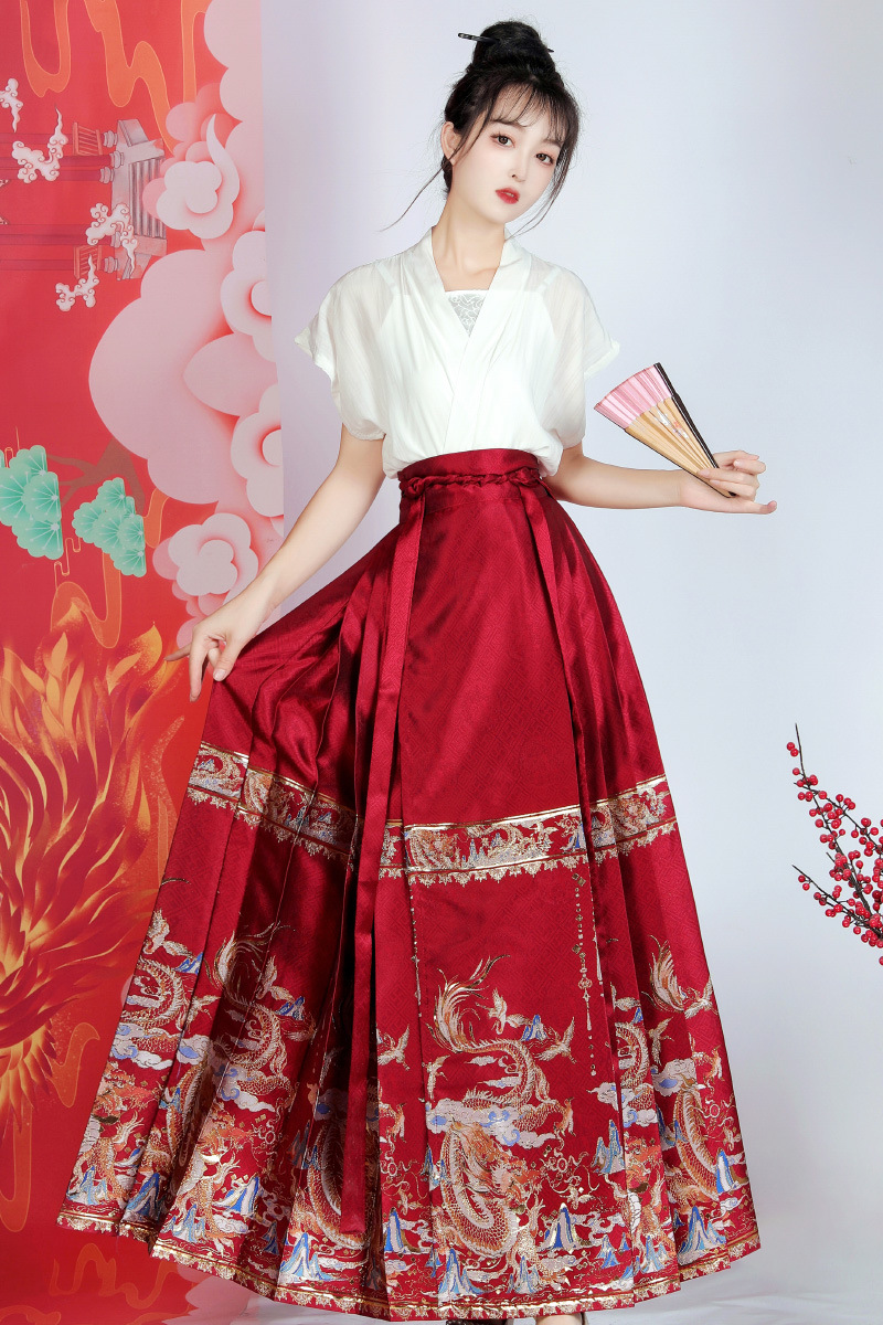 New Ming-made New Year Chinese Clothing Women's Horse-faced Skirt Autumn and Winter Thickened Half-arm Ancient Costume National Style Elements Daily Full Set