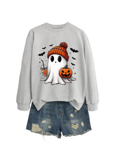 European and American European Size Fashion Long Sleeve Shirt Ghost Milk Tea Pumpkin Bat Fashion New Round Neck Sweater for Women 2024