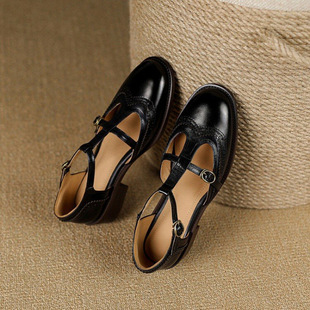 Vintage British Style Small Leather Shoes Brock Carved Women's Shoes Hollow Single-layer Shoes with Thick Sole and Buckle Mary Jane Shoes