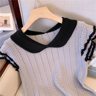 French Style Wave Edge Contrast Color Short-sleeved T-shirt Women's Summer New Retro Lel Ice Silk Knitted Shirt Short Thin Top