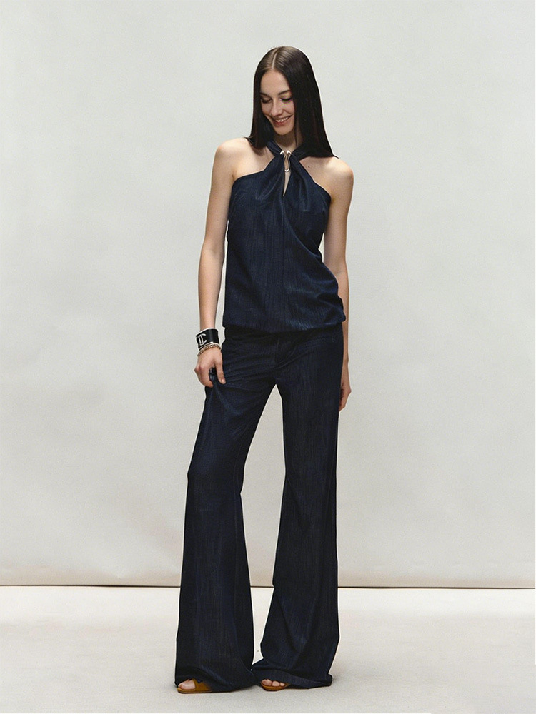 Designer Denim Blue Hollow-Out Halter Neck Niche Camisole Top with Stylish Flared Drapey Long Pants Set for Women in Summer